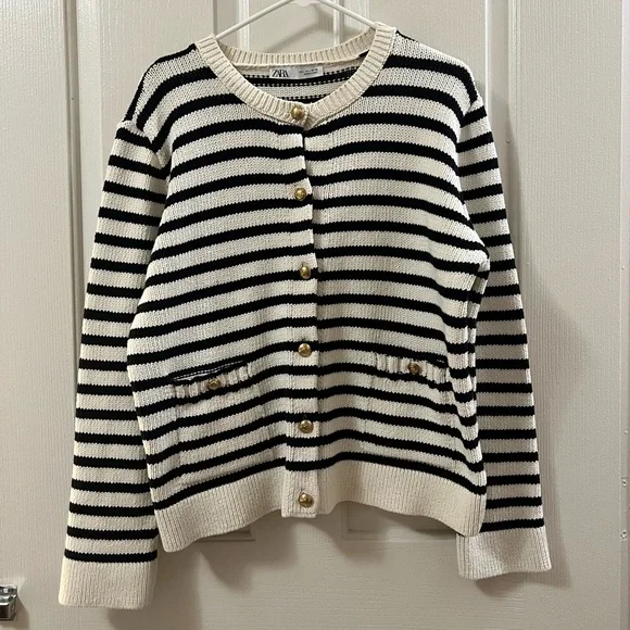 Zara | Jackets & Coats | Zara Striped Cardigan With Gold